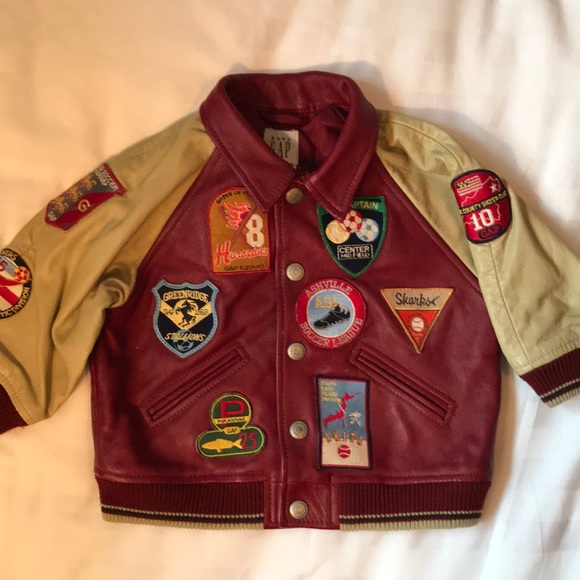 GAP Other - Gap maroon/tan leather bomber jacket w snaps decorative badges